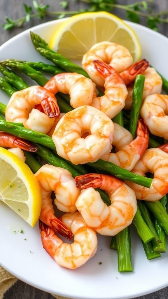 Crispy Air Fryer Shrimp and Asparagus Crispy air fryer shrimp and asparagus with lemon wedges on a white plate.